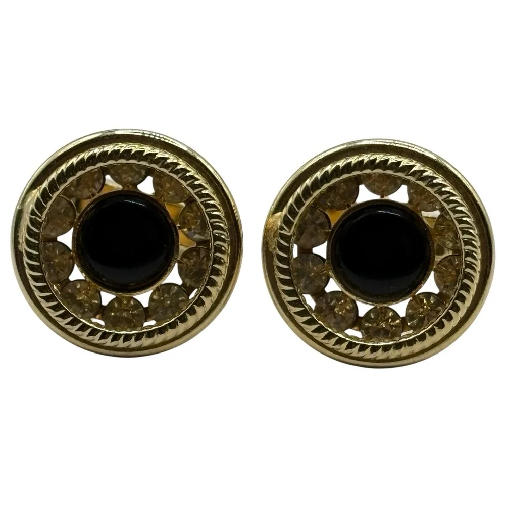 Gold Tone Rhinestone Cufflinks Black‎ Center Round Vintage Rope Twist Design MCM